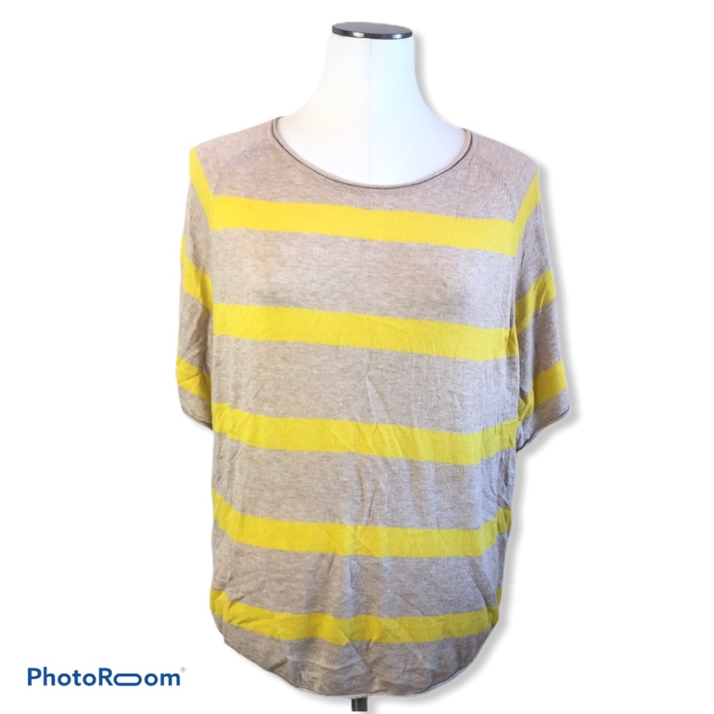 Loft Oatmeal/Yellow Striped Short Sleeve Top Small
